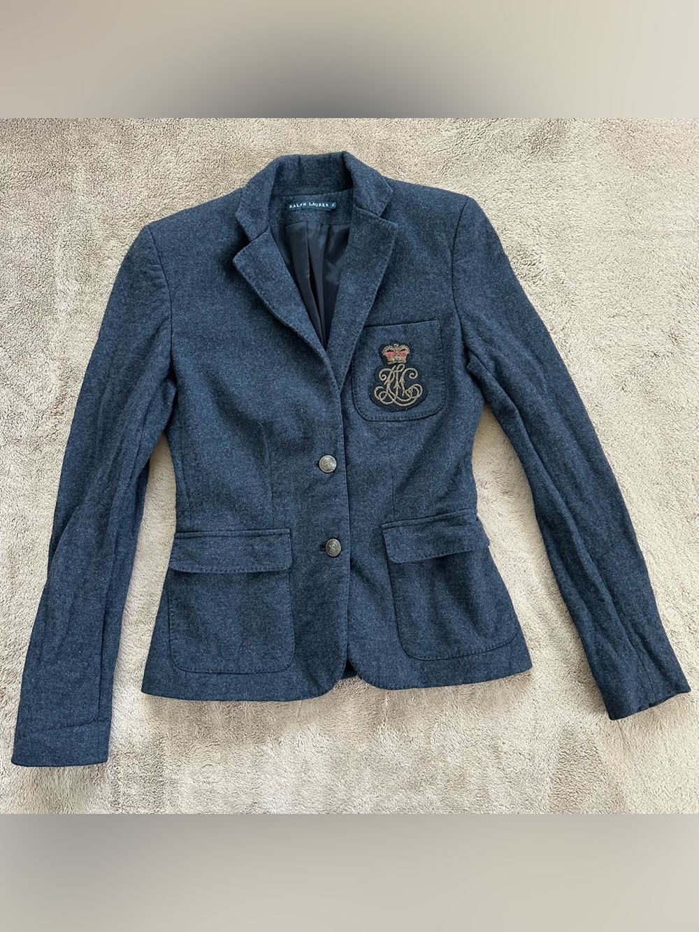 Ralph Lauren Grey Wool Blazer with Embroidered Crest and Gold Buttons, Size 2